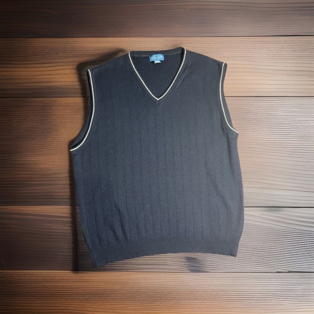 Vintage TownCraft V Neck Knit Pullover Sweater Vest Mens XL Blue & White Pinline
